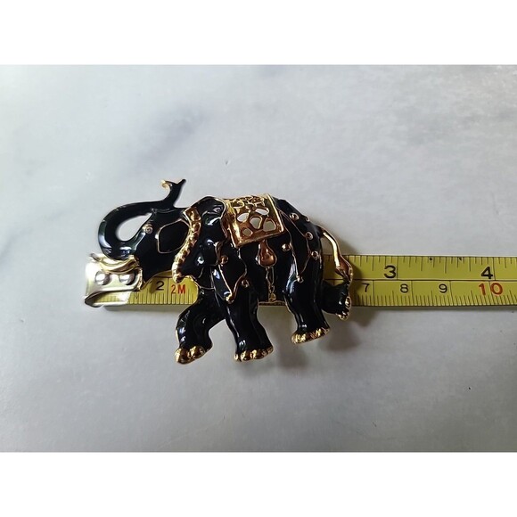 Elephant Shaped Black Enamel Rhinestone Eye Gold Tone Brooch Vintage - Picture 9 of 10
